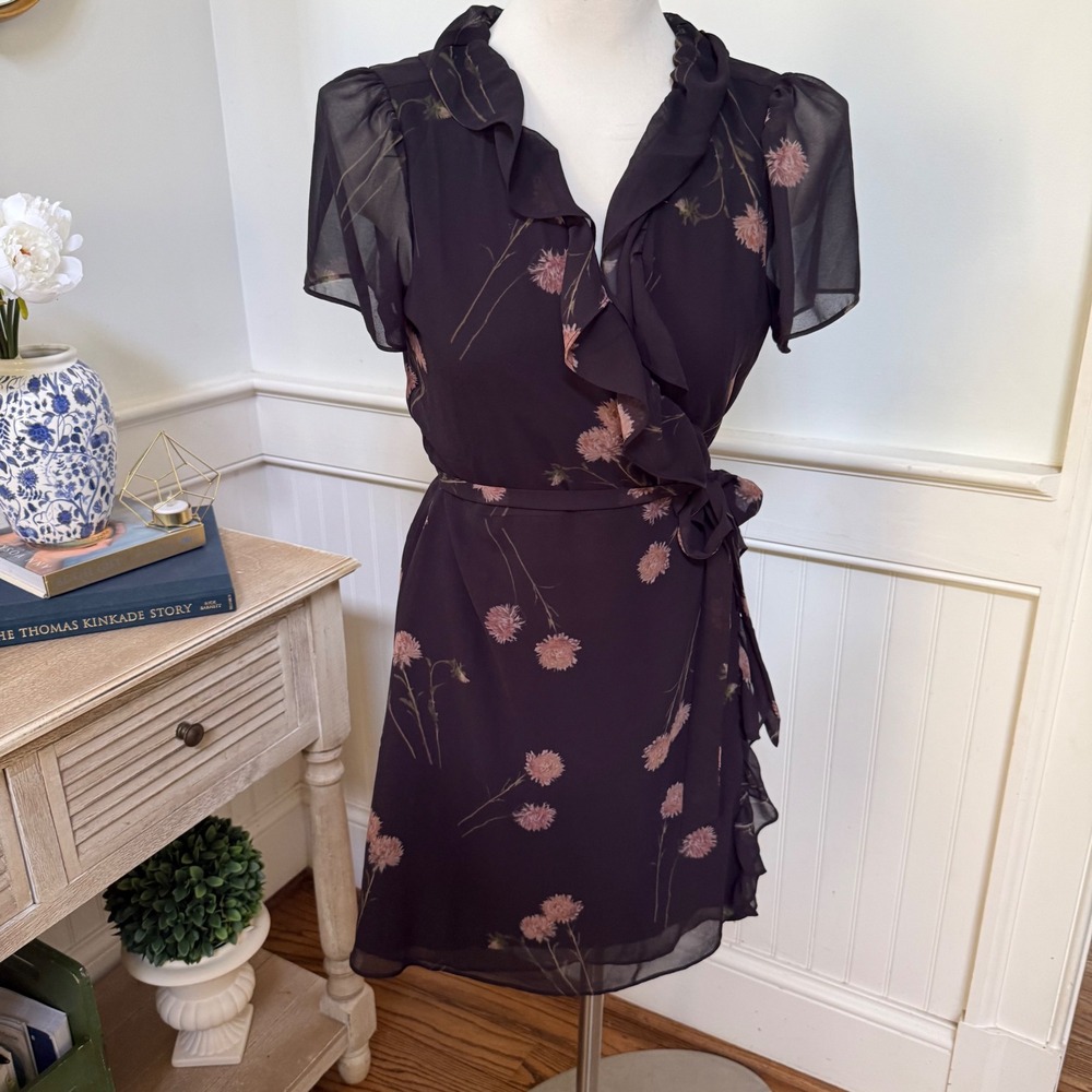 Madewell Womens Black Floral Ruffle Wrap Dress Short Sleeve Mini Size S